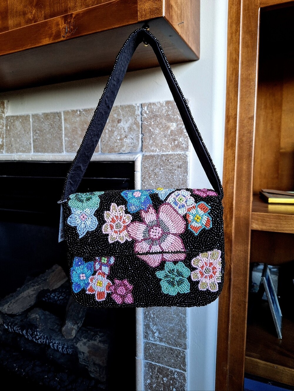 Brand New "Studio 12" Hand-Beaded Floral Shoulder Bag Black Multicolor